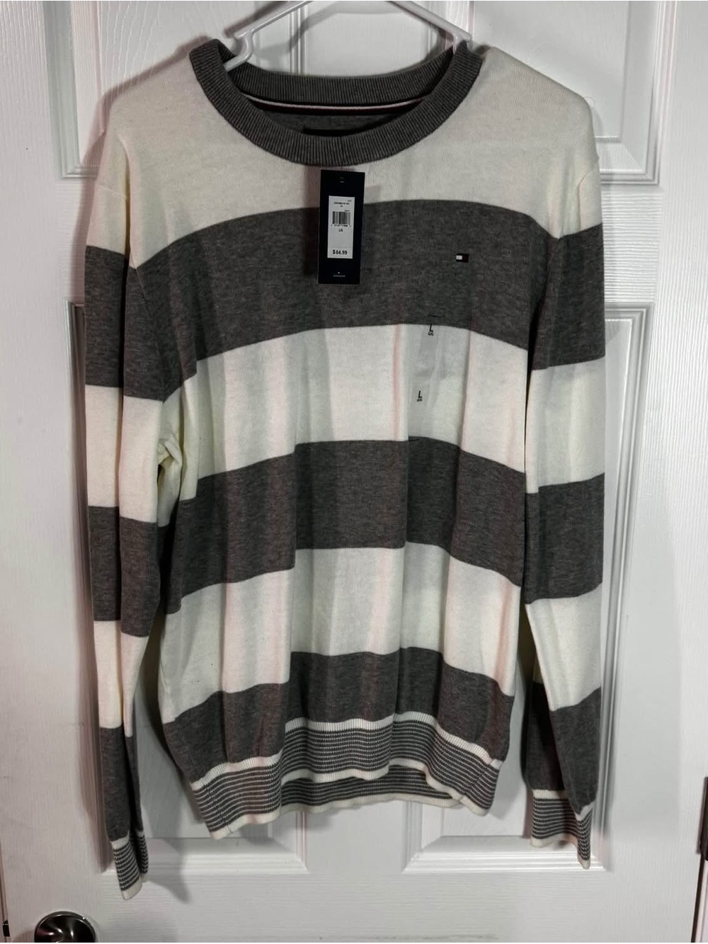 NWT Tommy Hilfiger Sweater Mens Large Grey Cream Striped Crewneck Pullover $65